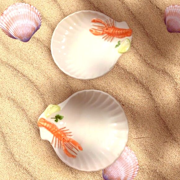Italian Ceramic Seashell 3D Lobster Seafood Motif Small Scalloped Dishes - Picture 1 of 9